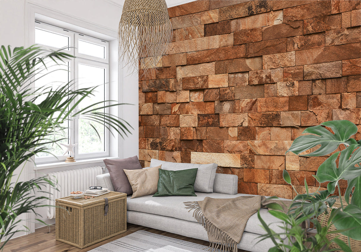 Stone Mural Wallpaper | Rustic Terracotta Brick Design