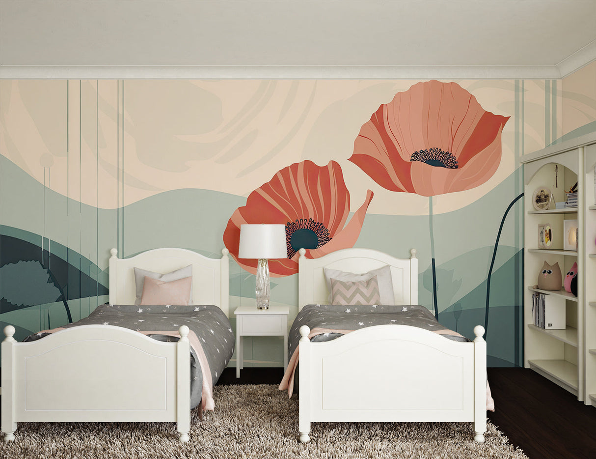Floral Mural Wallpaper | Large Coral Poppies with Cactus