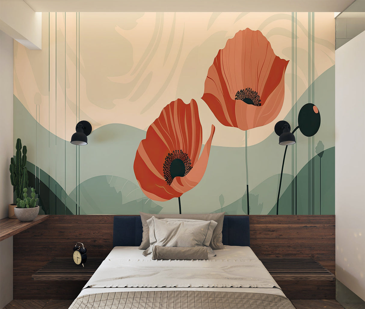 Floral Mural Wallpaper | Large Coral Poppies with Cactus