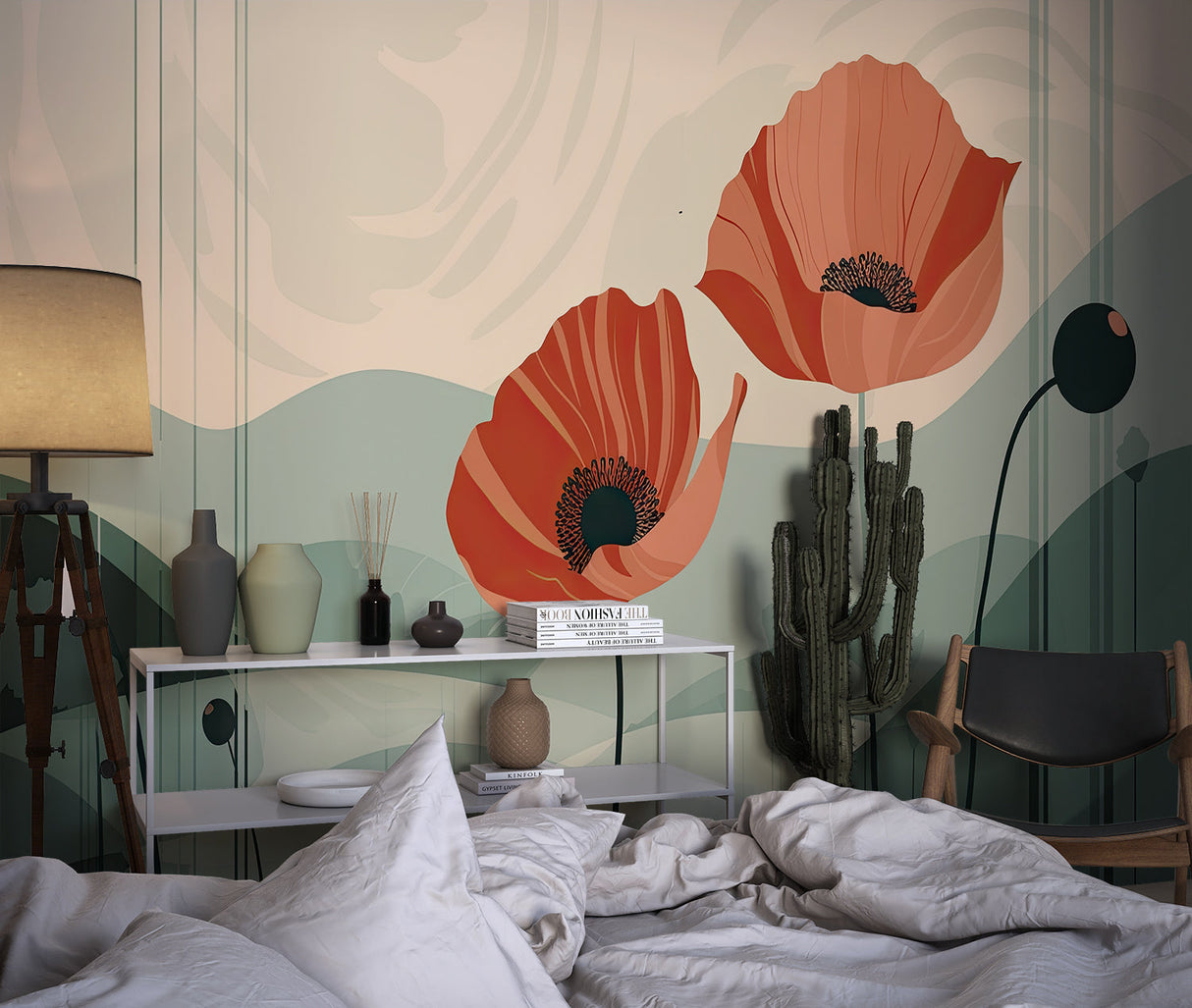 Floral Mural Wallpaper | Large Coral Poppies with Cactus