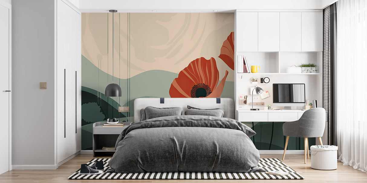 Floral Mural Wallpaper | Large Coral Poppies with Cactus
