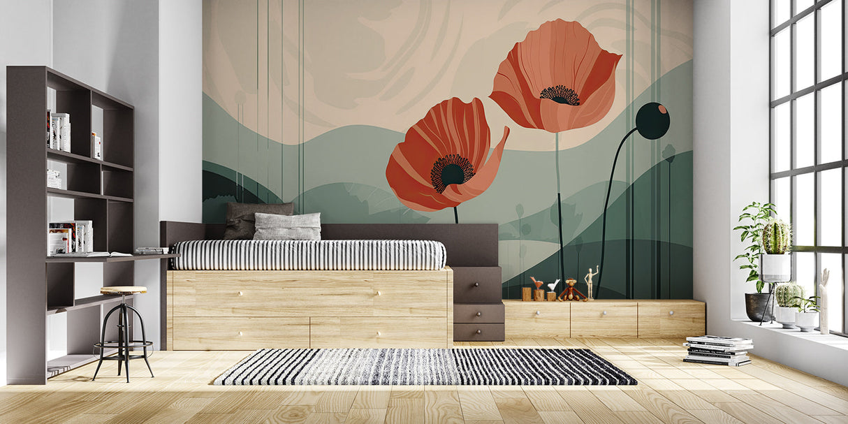 Floral Mural Wallpaper | Large Coral Poppies with Cactus