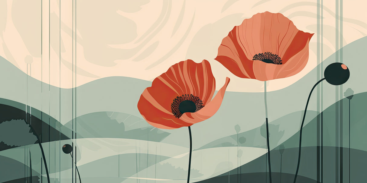 Floral Mural Wallpaper | Large Coral Poppies with Cactus