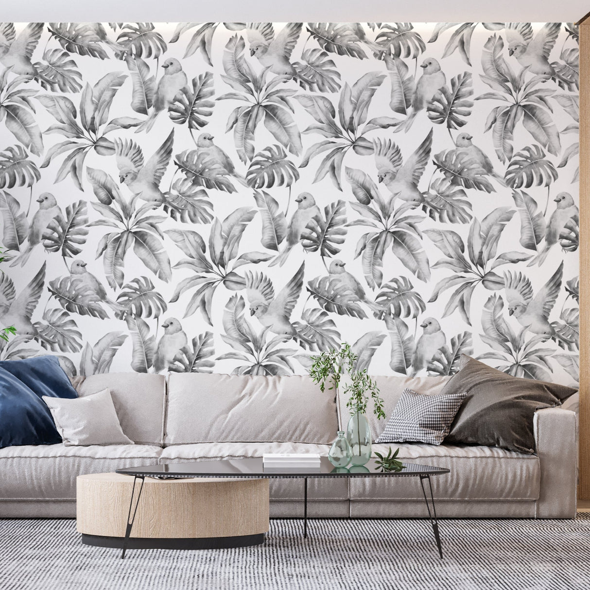 Tropical Mural Wallpaper | Monochrome Birds and Monstera