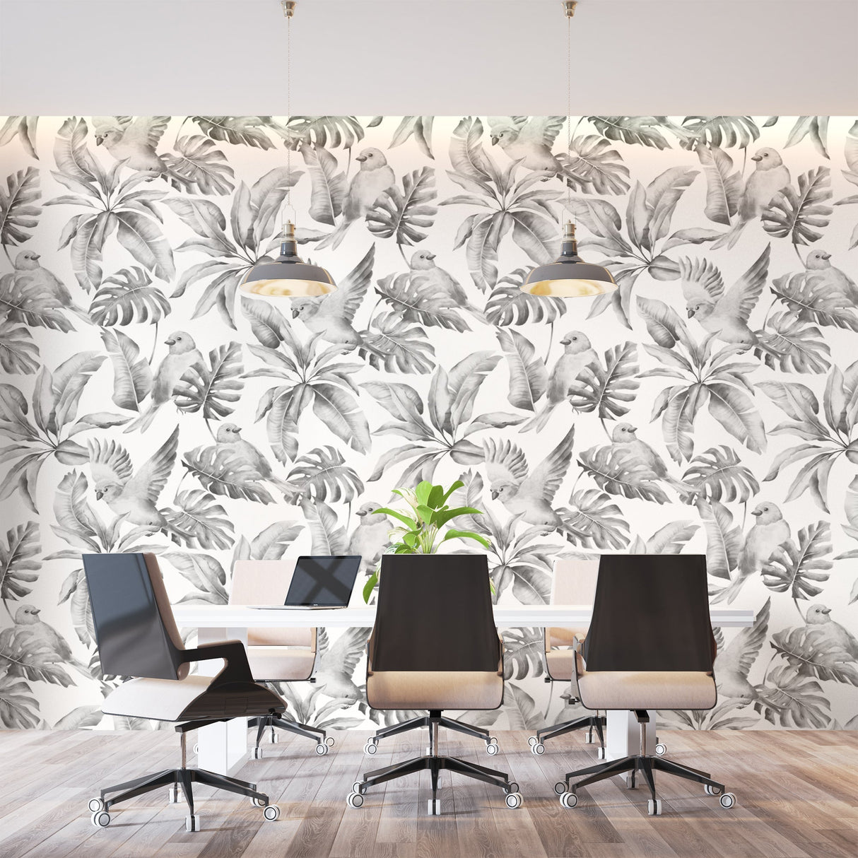 Tropical Mural Wallpaper | Monochrome Birds and Monstera