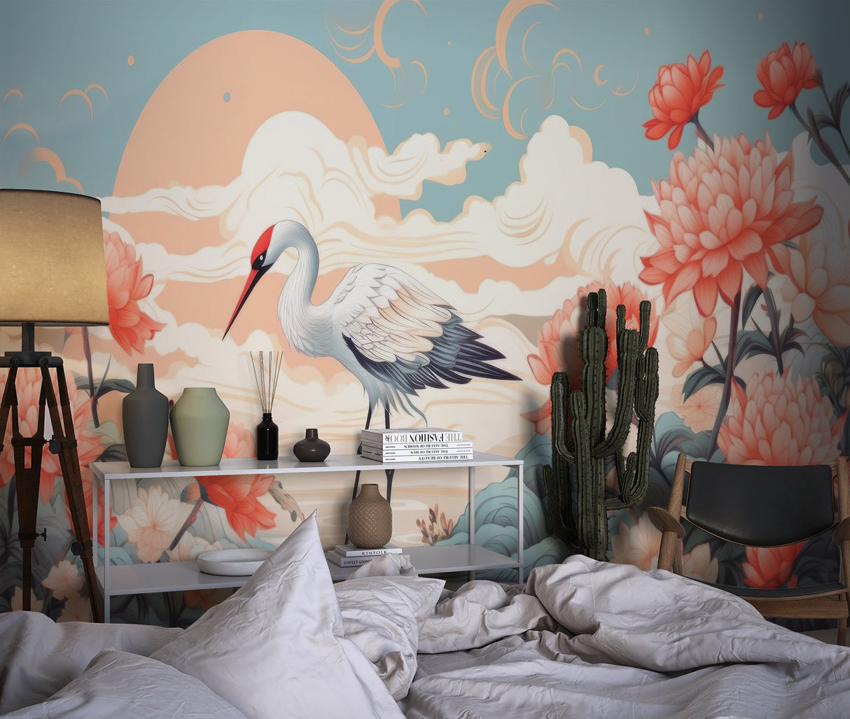 Bird Mural Wallpaper | Japanese Crane with Coral Flowers
