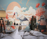 Bird Mural Wallpaper | Japanese Crane with Coral Flowers