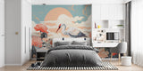 Bird Mural Wallpaper | Japanese Crane with Coral Flowers