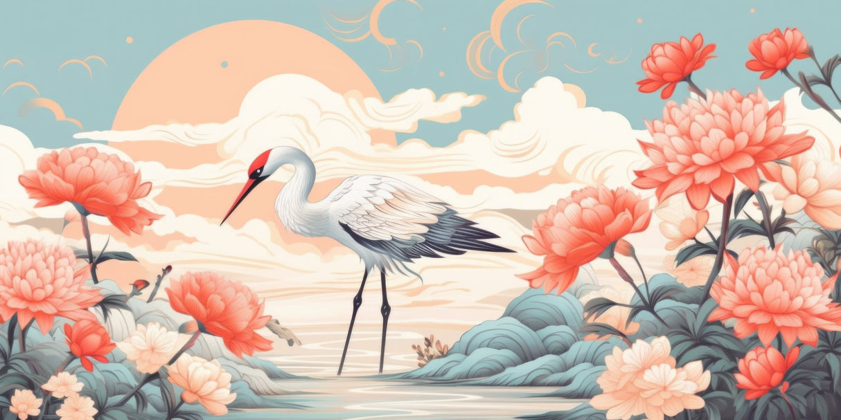 Bird Mural Wallpaper | Japanese Crane with Coral Flowers