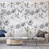 Tropical Mural Wallpaper | Monochrome Birds and Monstera Leaves