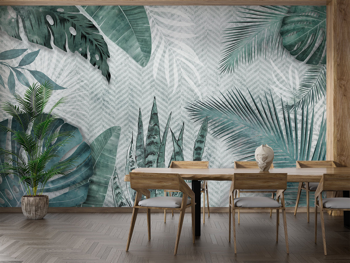 Tropical Mural Wallpaper | Green Monstera and Palm Leaves Pattern
