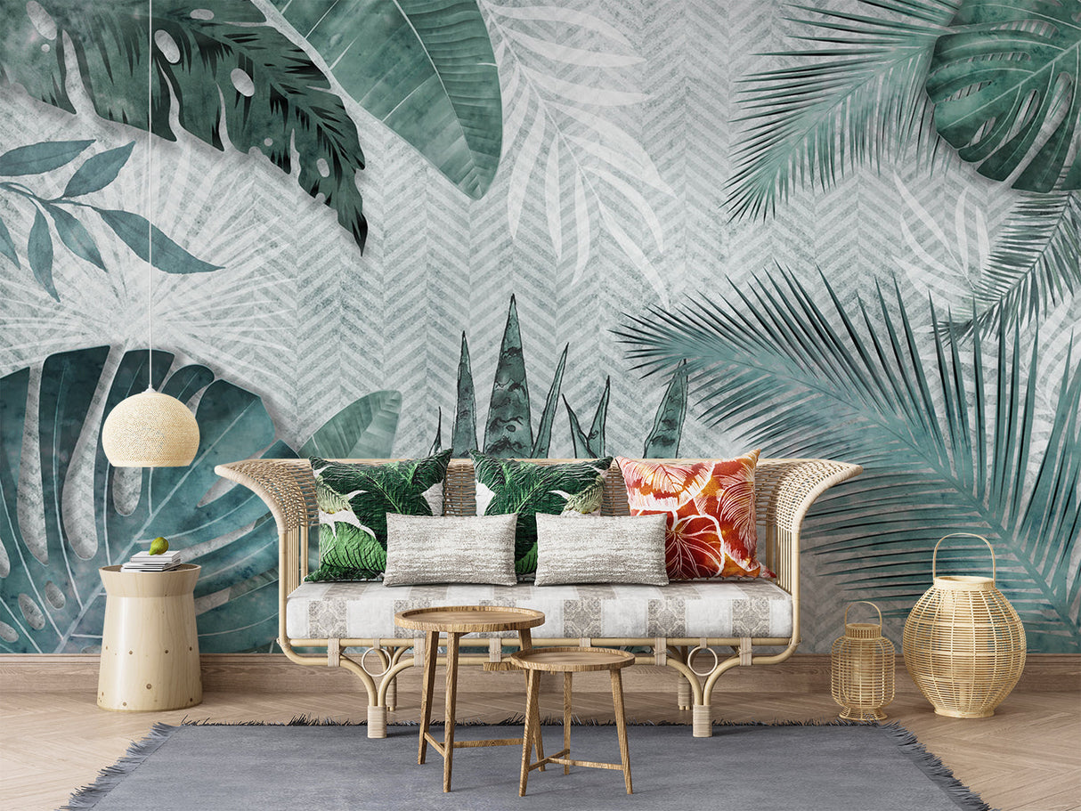 Tropical Mural Wallpaper | Green Monstera and Palm Leaves Pattern