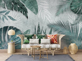 Tropical Mural Wallpaper | Green Monstera and Palm Leaves Pattern