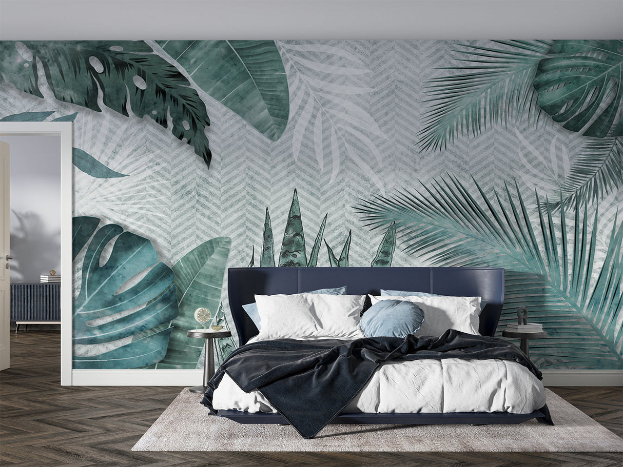 Tropical Mural Wallpaper | Green Monstera and Palm Leaves Pattern