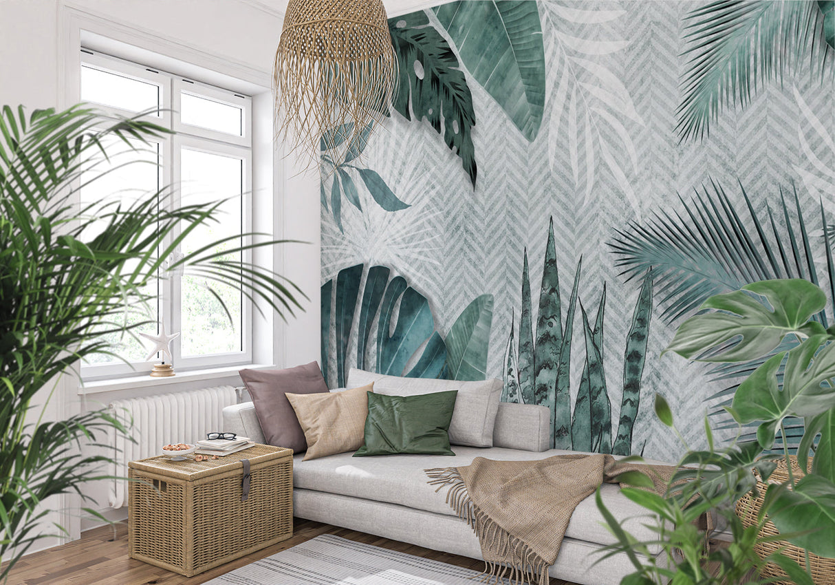Tropical Mural Wallpaper | Green Monstera and Palm Leaves Pattern