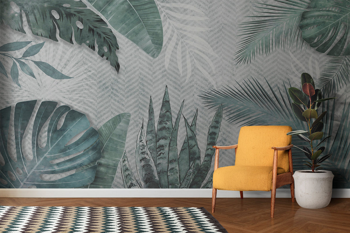 Tropical Mural Wallpaper | Green Monstera and Palm Leaves Pattern