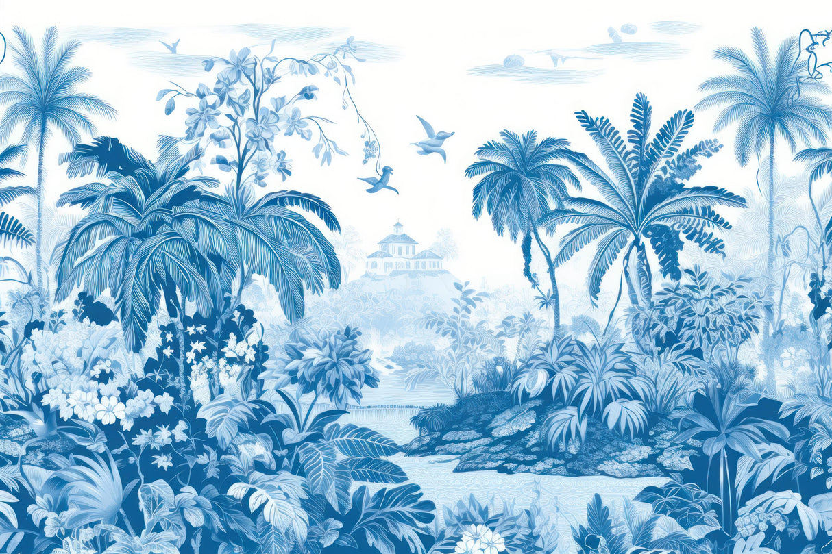 Tropical Mural Wallpaper | Blue Paradise Palm Scene