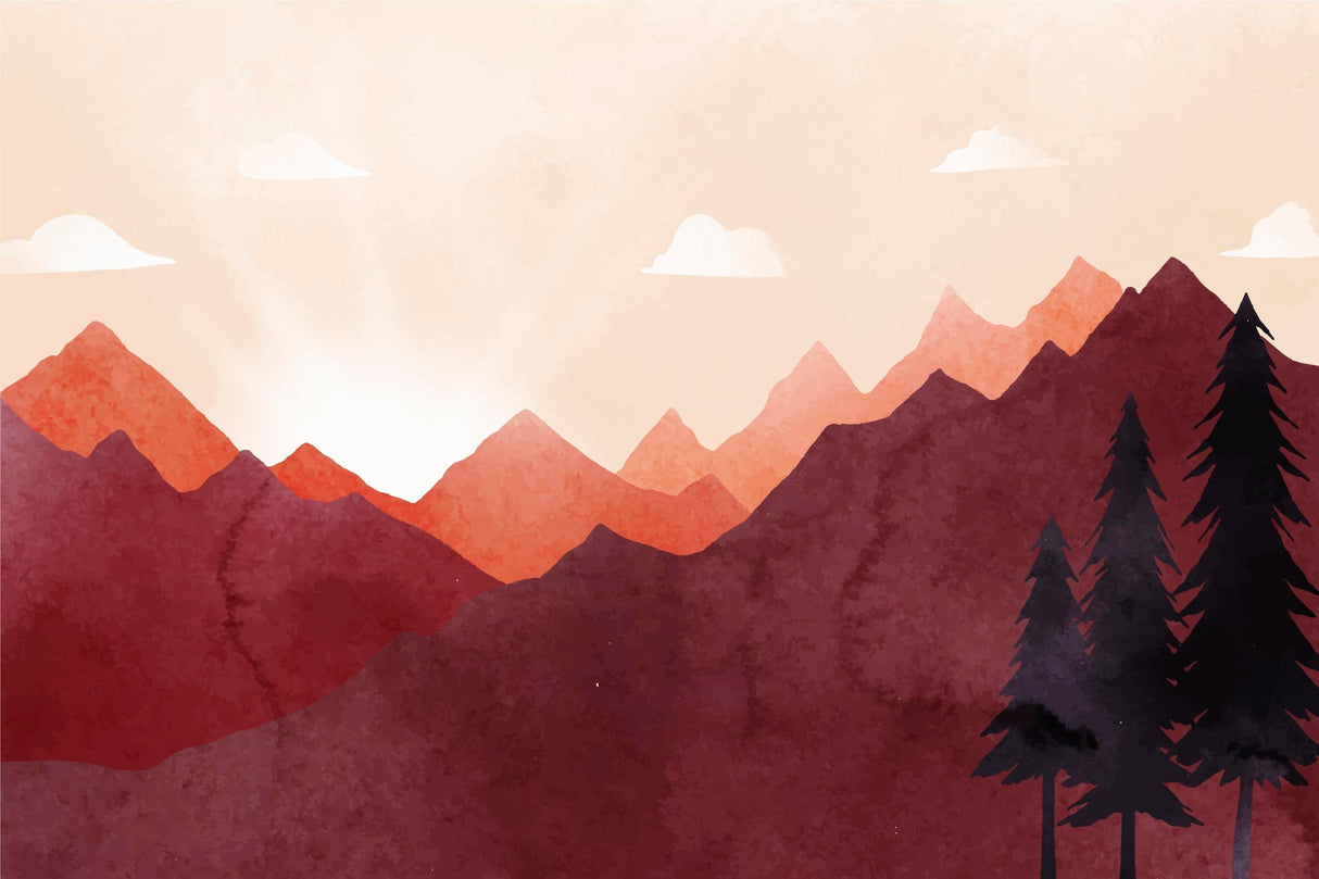 Mountain Mural Wallpaper | Terracotta Peaks with Pine Trees