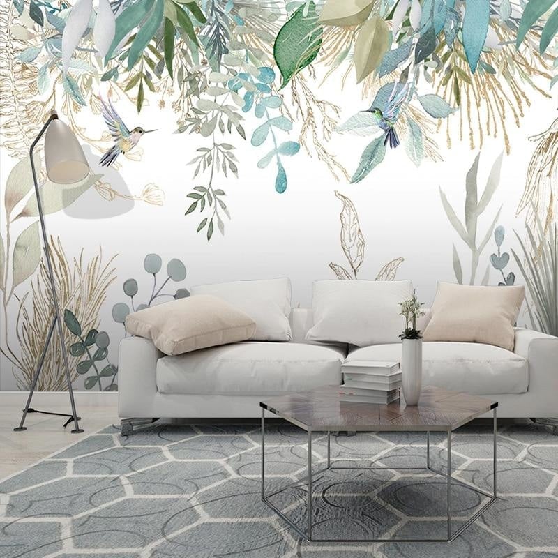 Botanical Mural Wallpaper | Watercolor Birds and Foliage