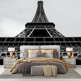 Eiffel Tower Mural Wallpaper | Black and White Architectural Photography