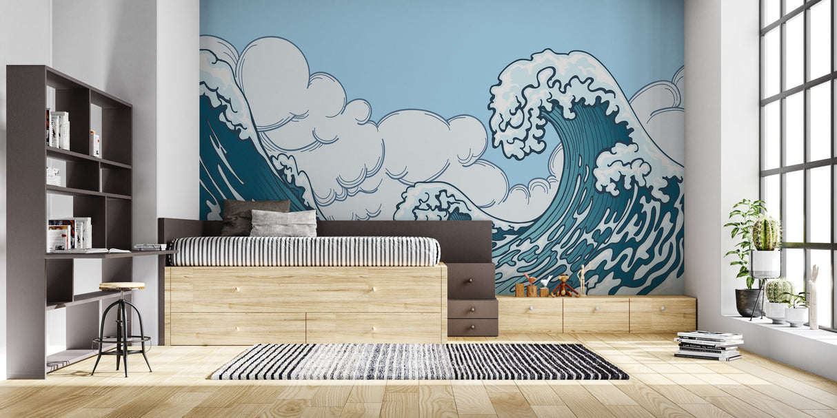 Japanese Wave Mural Wallpaper | Great Wave with Clouds and Cactus