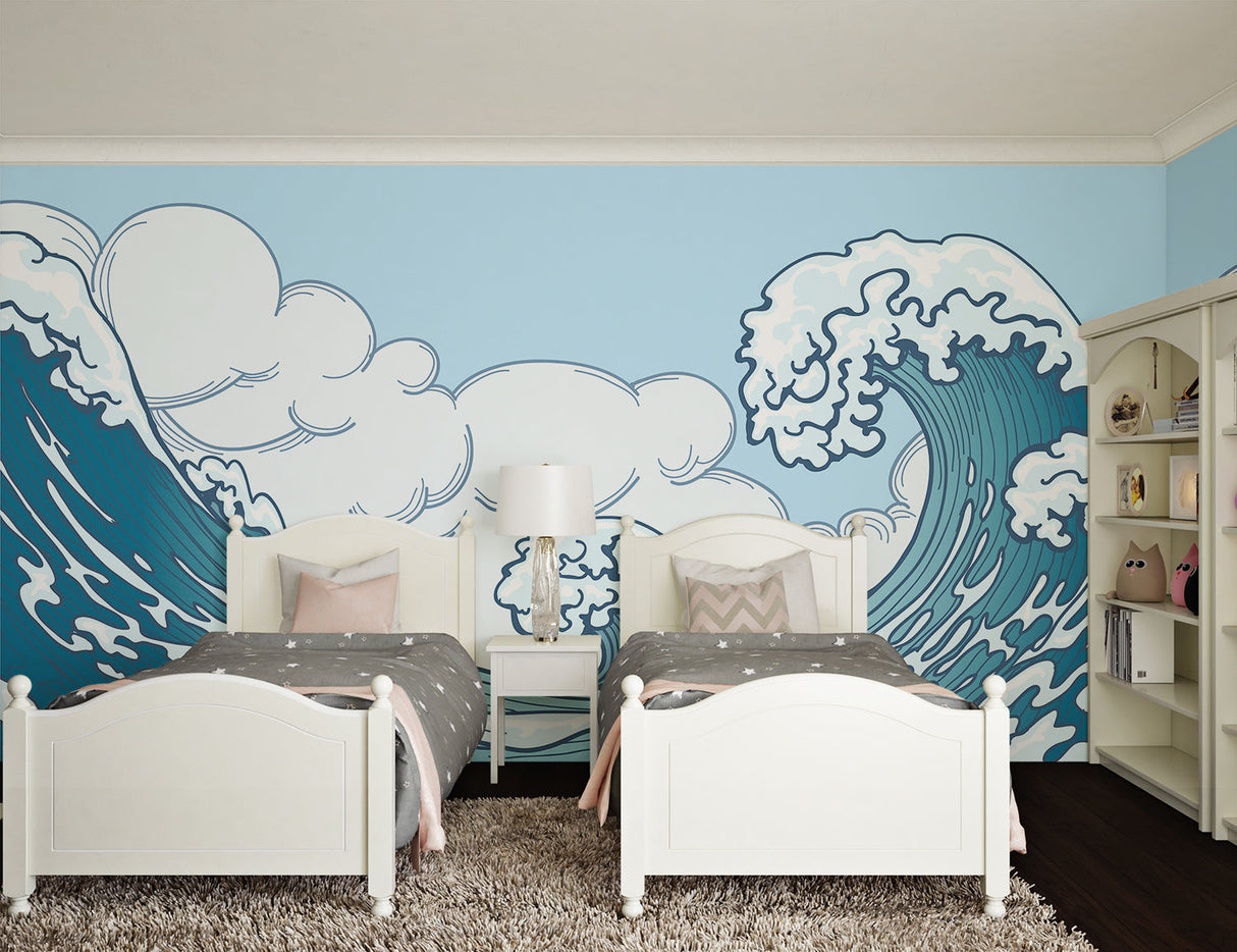 Japanese Wave Mural Wallpaper | Great Wave with Clouds and Cactus