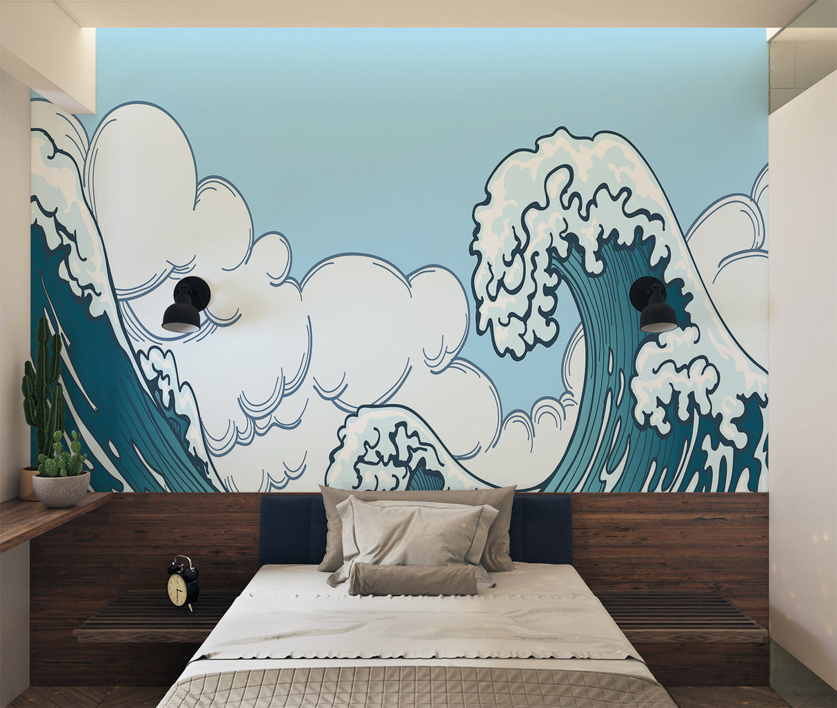 Japanese Wave Mural Wallpaper | Great Wave with Clouds and Cactus