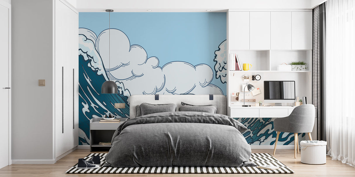 Japanese Wave Mural Wallpaper | Great Wave with Clouds and Cactus
