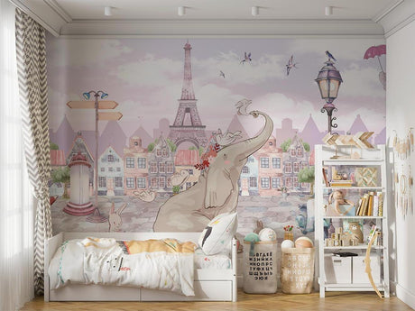 Paris kids wallpaper with elephant and bunnies brightening a cozy nursery corner with soft lighting