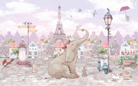 Design file of Paris themed wallpaper featuring elephant and bunnies with Eiffel Tower