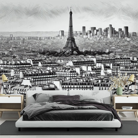 Paris cityscape mural wallpaper creating an elegant statement wall in a modern living room with minimal furniture