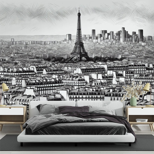 Paris cityscape mural wallpaper creating an elegant statement wall in a modern living room with minimal furniture