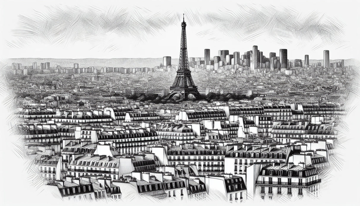 Black and white Paris wall mural design file showing detailed architectural sketch pattern