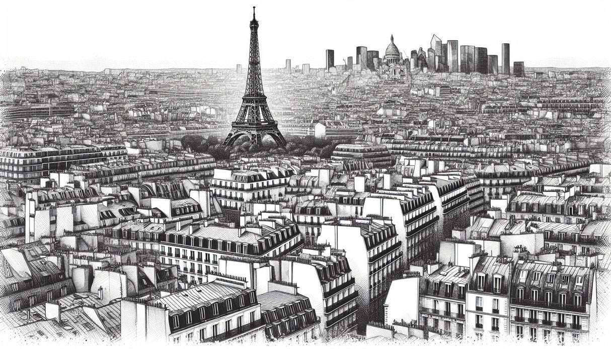 Paris cityscape wallpaper design file showing detailed Eiffel Tower and Haussmann buildings in monochrome