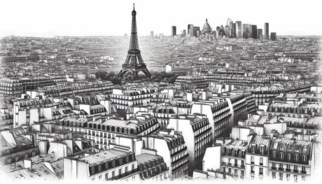 Paris cityscape wallpaper design file showing detailed Eiffel Tower and Haussmann buildings in monochrome