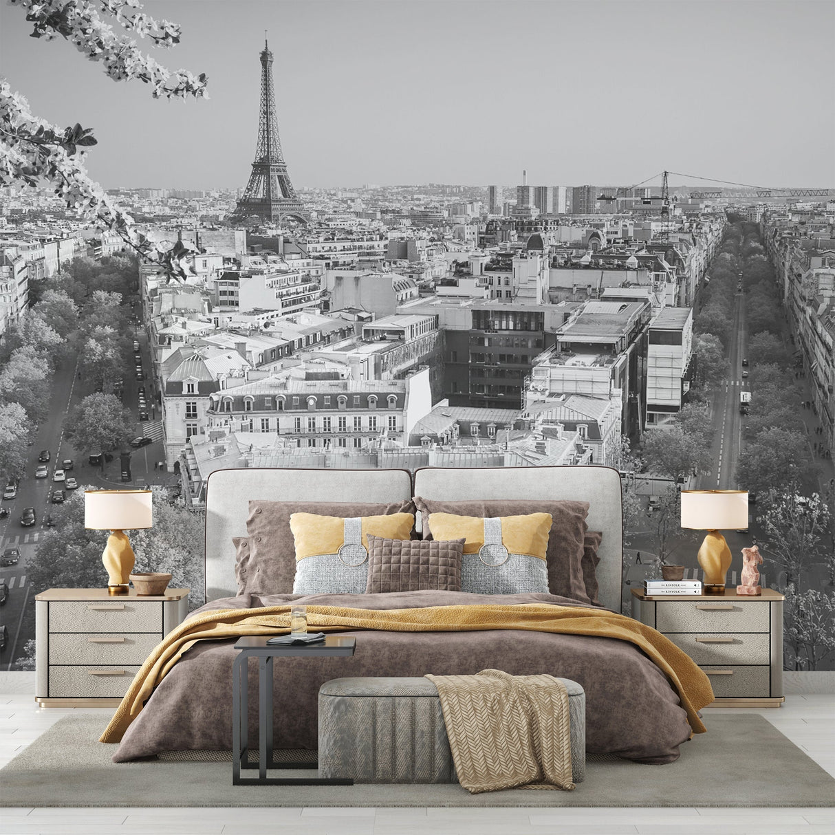 Black and white Paris mural wallpaper in an elegant dining room setting with crystal chandelier