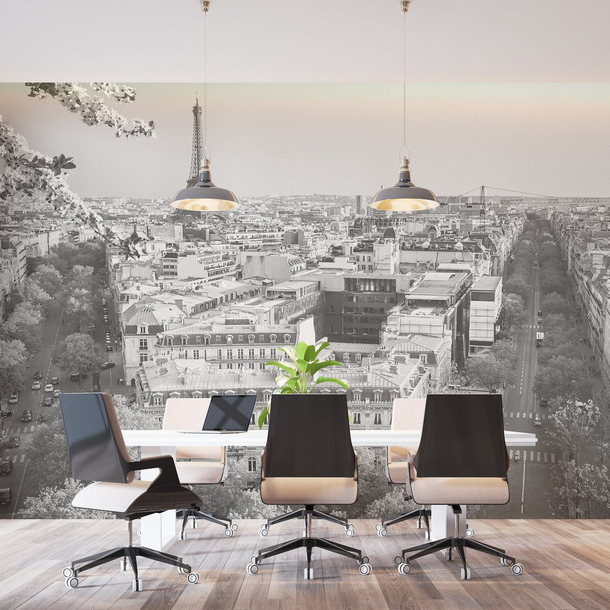 Eiffel Tower wallpaper making a statement in a minimalist bedroom with grey accents