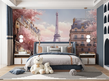Paris Eiffel Tower wallpaper with cherry blossoms in elegant living room setting