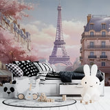 Romantic Paris wall mural showcased in master bedroom with soft lighting