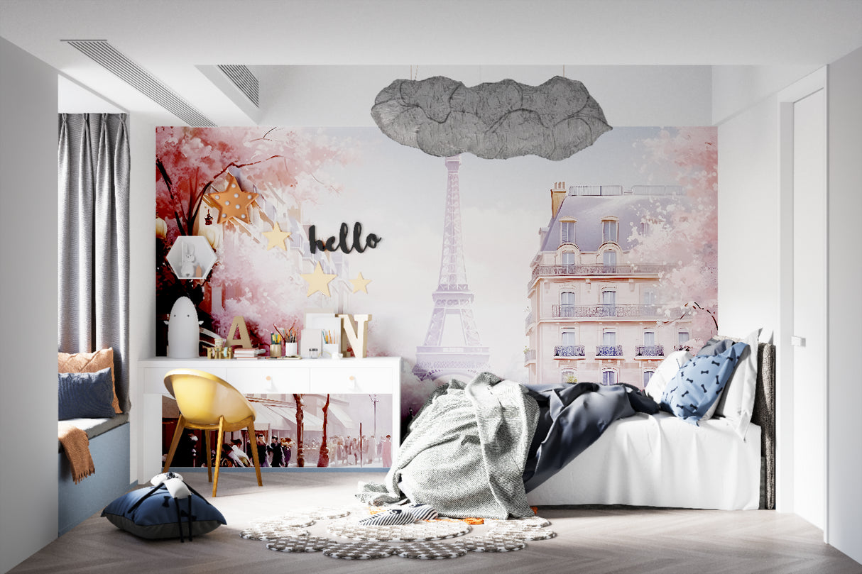 French themed dining room featuring Eiffel Tower cherry blossom mural