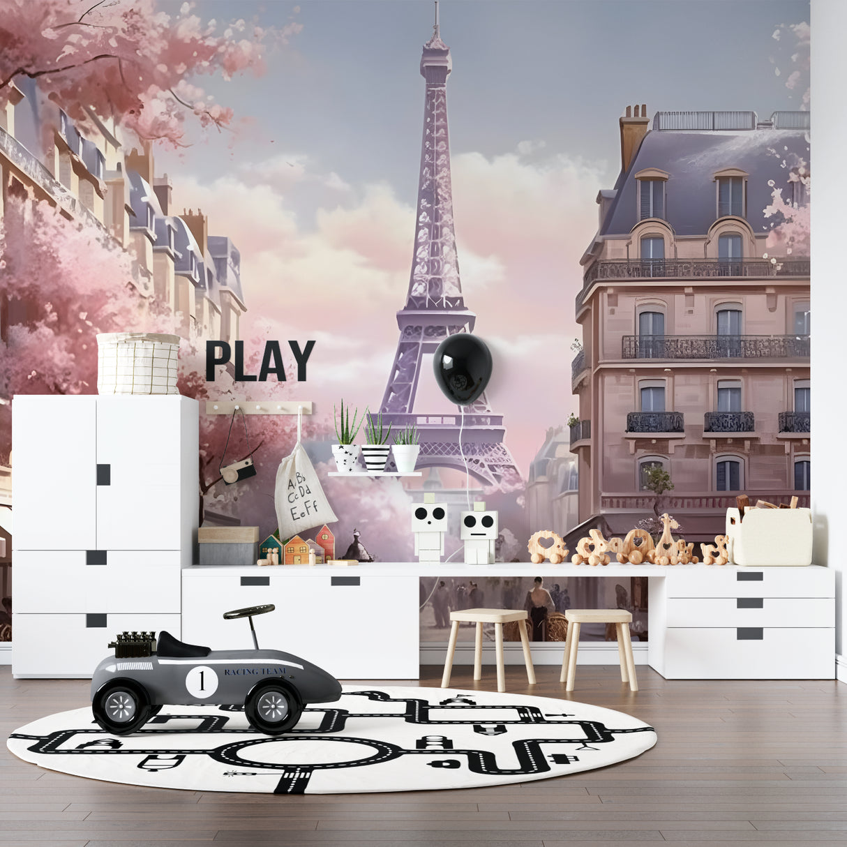 Paris themed home office with pink cherry blossom wallpaper accent wall