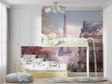 Teen girl bedroom with Paris Eiffel Tower wall mural in soft pink tones