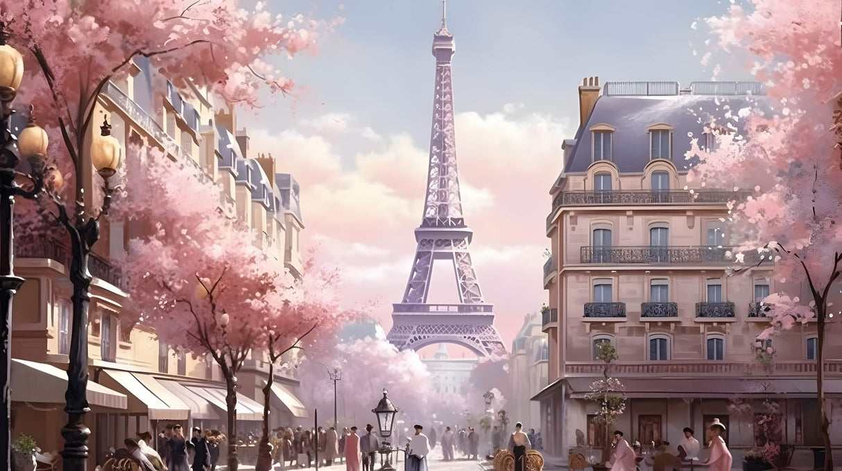Design file of Paris Eiffel Tower with cherry blossoms wall mural pattern