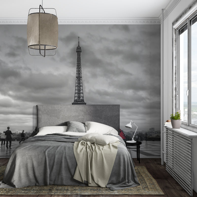 Eiffel Tower black and white mural as statement piece in master bedroom