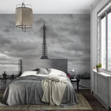 Eiffel Tower black and white mural as statement piece in master bedroom