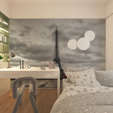 Black and white Paris mural adding urban flair to home office setting