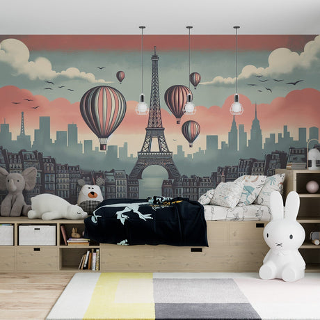 Paris wallpaper mural with Eiffel Tower and hot air balloons creating a dreamy atmosphere in a modern living room