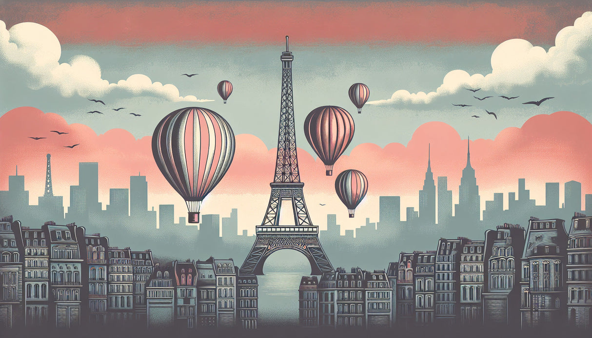 Paris cityscape wallpaper design file showing detailed Eiffel Tower and floating hot air balloons at twilight