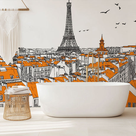 Paris rooftop wallpaper creating a stunning accent wall in a modern living room with natural light and minimalist furniture