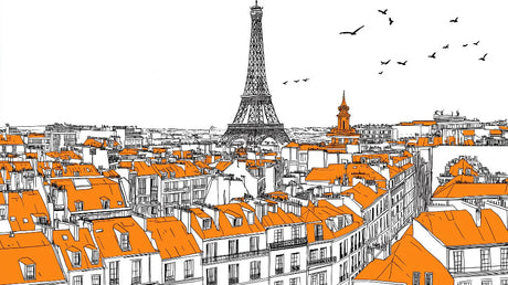 Paris cityscape wallpaper design file showing detailed orange rooftops and Eiffel Tower illustration